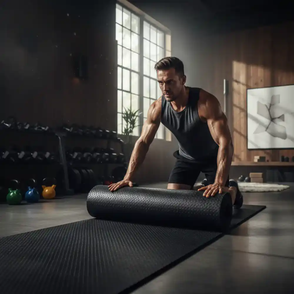 Athlete rolling out a heavy rubber mat in a home studio