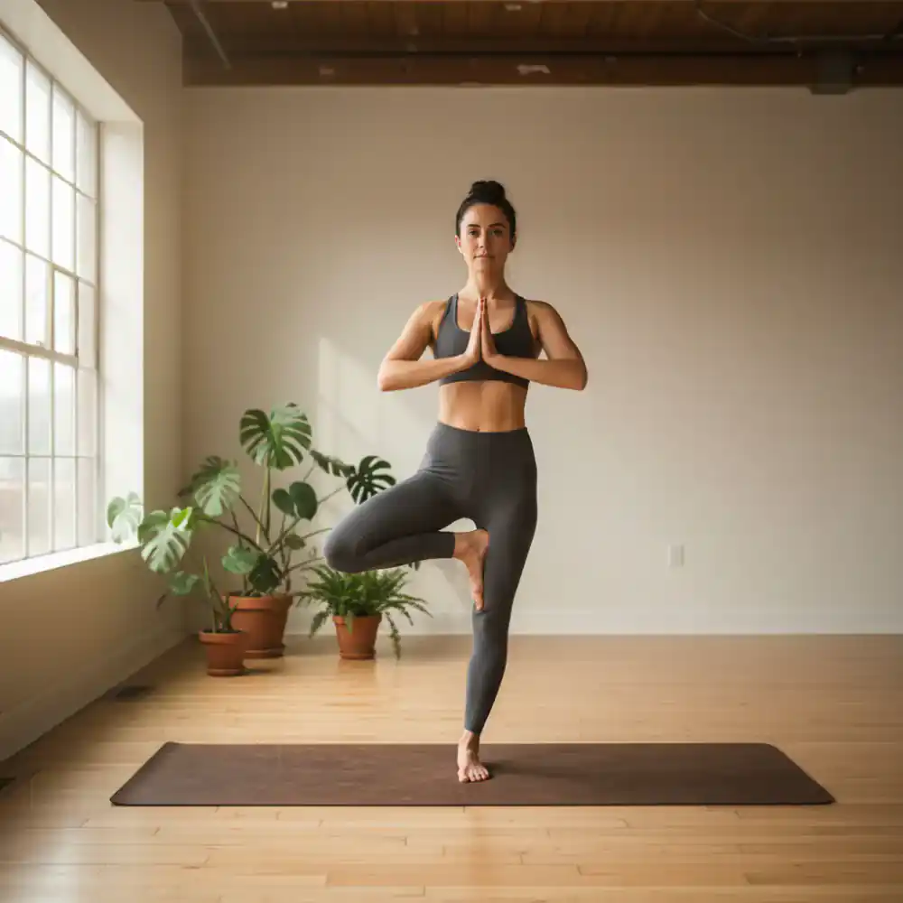 Woman in a yoga pose on a natural rubber mat in a bright studio